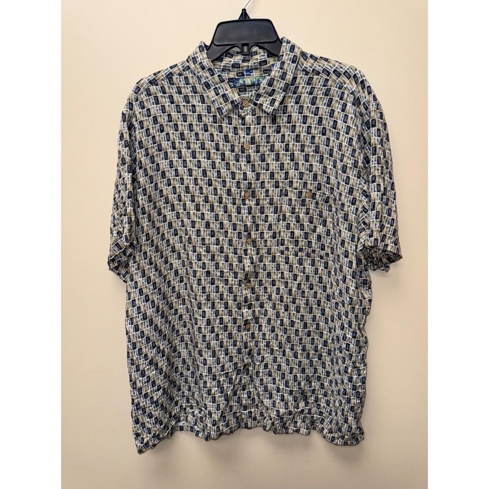 Campia Moda XXL Short Sleeve Button Down Rayon Geometric Grid Tan Black Mens